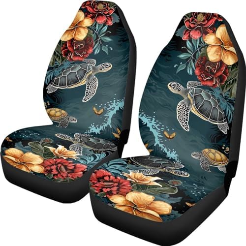 Hibiscus & Sea Turtle Pattern Auto Seat Covers Front Seats 2 Piece Soft Stretchy Fabric Seat Bench Covers Universal Car Interior Protection Set