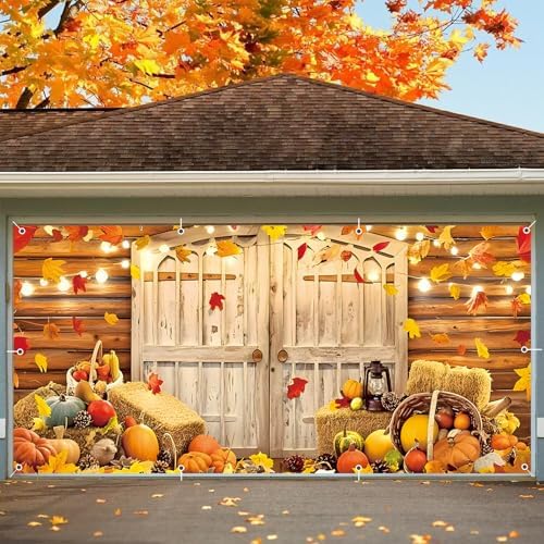 Fall Thanksgiving Garage Door Cover Banner 7x16ft Autumn Pumpkin Harvest Barn Backdrop Decorations Background Hanging Party Wall Decor for Outdoor Home Yard by Unknown