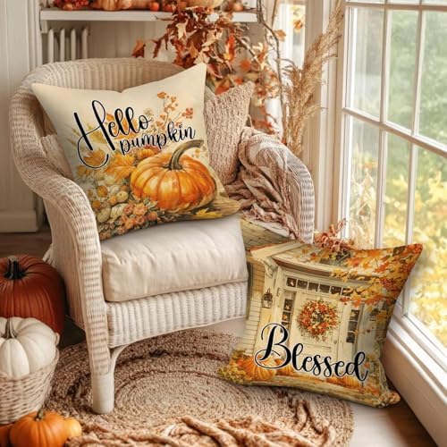 Benjia Fall 14x14 Throw Pillow Covers Set of 4, Watercolor Pumpkin hut car Decorative Holiday Pillow Case 14 x 14 Autumn Cushion Covers Thanksgiving Pillowcase for Indoor Home Bedroom Sofa Decor - Image 2