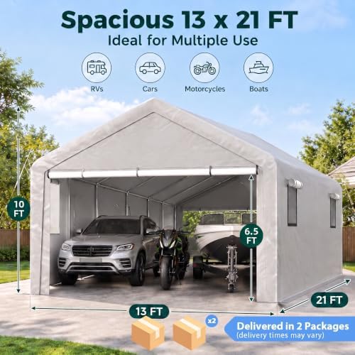Jocoevol Carport 13x21 FT Enclosed Carport with Roll-up Windows, Removable Sidewalls & Doors and Sandbags for Car Boat Truck Motorcycle, Grey - Image 2