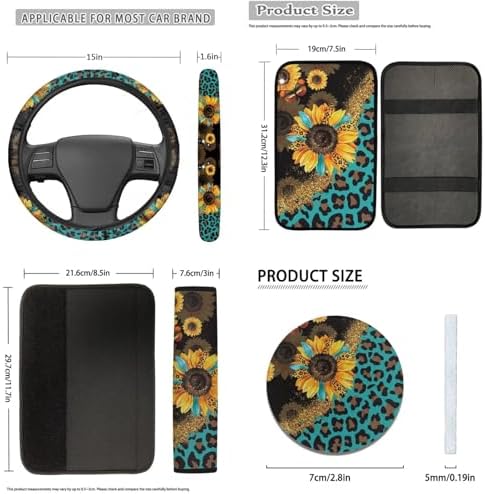 Leopard Sunflower Car Seat Covers for Women Men,Neoprene Car Steering Wheel Cover Seatbelt Pads Armrest Pads Keychain Leopard Car Interior Sets Leopard Car Coasters Decor Accessory