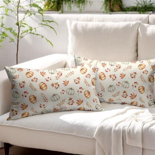 Fall Pumpkin Lumbar Pillow Covers 12x20 Set of 2 Orange Beige Maple Leaves Pattern Outdoor Throw Pillows Covers Autumn Thanksgiving Harvest Decorative Farmhouse Cushion Case for Room Couch Sofa - Image 3