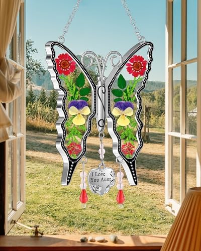KY&BOSAM Butterfly Suncatcher I Love You Aunt Stained Glass Hanign for Window Catchers with Pressed Real Flower and Heart Charm Home Garden Decor Birthday Gifts for Aunt Mothers Day Christams Ornament - Image 3