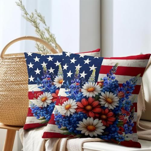 4th of July Patriotic Flower Pillow Covers 12x12 Inches American Flag Independence Day Throw Pillow Case Set of 2 Memorial Day Pillows Cotton Linen Cushion Cover for Home Couch Sofa Livingroom - Image 7