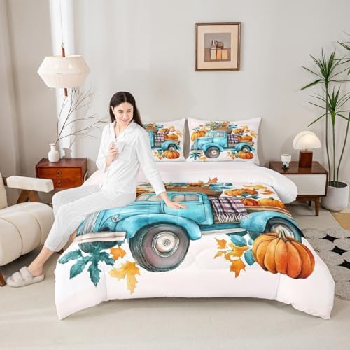 Erosebridal Pumpkin Car Bedding Comforter Sets Pumpkin Flowers Comforter Set, Kids Thanksgiving Gifts Bedding for Boys Girls Little Pumpkin Duvet Insert Fall Home Decor, Full - Image 5
