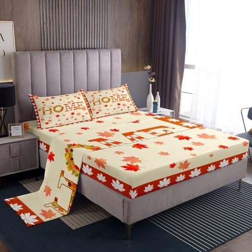 Maple Leaf Pumpkin Wreath Twin Thanksgiving Bedroom Decor Set - Sheets, Rustic Farmhouse Bedding, Fitted Sheet, Orange Flat Sheet, Pillow Case - Image 2