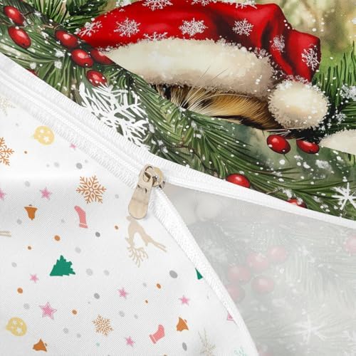 Manfei Xmas Cat Kids Duvet Cover Set Queen Size,Snowflake Holly Berries Winter Girls Boys Bedding Set,Merry Christmas Poinsettia Animal Room Decor,Green Yellow Quilt Cover,2 Pillowcases(No Comforter) - Image 6