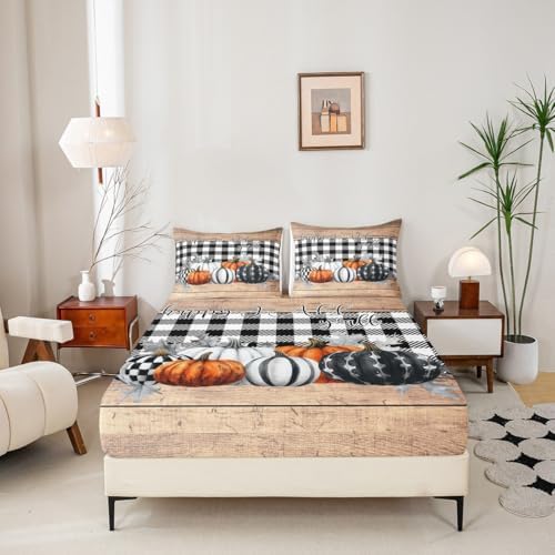 Fall Pumpkins Bed Sheets King Rustic Farmhouse Thanksgiving Theme Beddig Set Black White Buffalo Plaid Fitted Sheet Happy Autumn Fall Sheet Set Wooden Board Flat Sheet 2 Pillow Cases Home Room Decor - Image 4