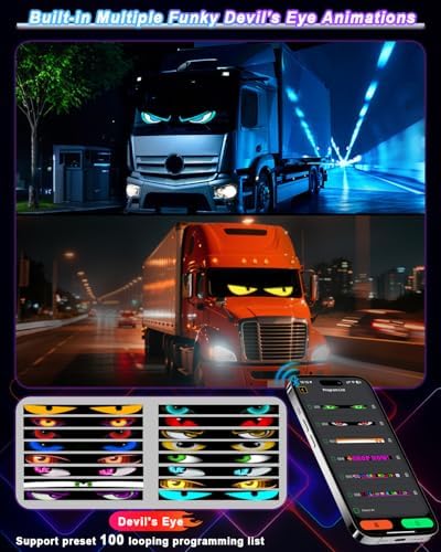 Super RGB Large LED Devil Eye Lights for Windshield 69"x7.5" [Advanced Chip, 100% Synced Dual Screen] Programmable Custom Big LED Cat Eyes Display for Truck/Golf Cart Window with Remote & APP Control
