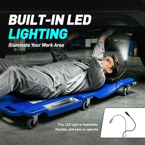 DNA Motoring 40 Inch Low Profile Plastic Rolling Garage Shop Floor Creeper with LED Light, Padded Headrest, Dual Tool Trays, Casters, Blue, TOOLS-00389-BL - Image 6
