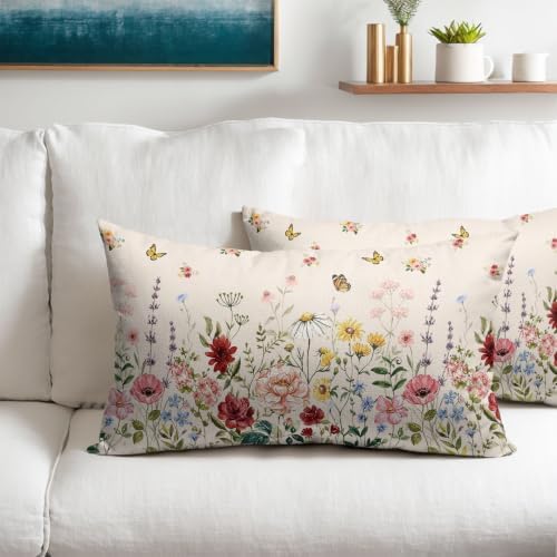 Spring Floral Pillow Covers 12x20 Set of 2 Green Garden Plant Butterfly Throw Pillows Covers Springtime Watercolor Decorative Farmhouse Cushion Case for Room Couch Sofa - Image 2