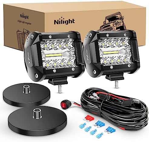 Nilight 2PC 4Inch Triple Row Lights 60W Flood Spot Combo 6000LM Bar Driving Boat Led Off Road Trucks with 2PC Magnetic Base LED Light Bar Mounting Brackets Switch Wiring Harness Kit, 2 Years Warranty