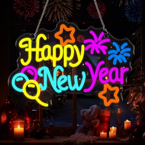 Happy New Year Neon Sign Light USB Powered LED Happy New Year Neon Sign Balloon Fireworks Window Lights for Bedroom Wall Decor 2026 Spring Festival Party Supplies by Unknown