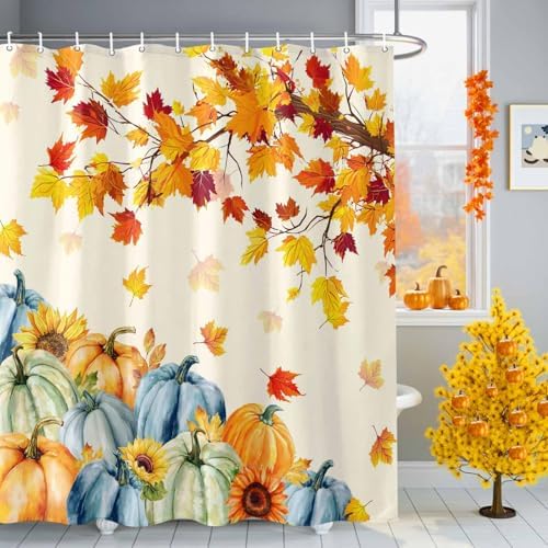 Fall Shower Curtain Autumn Maple Leaves Bathroom Curtains with Hooks, Waterproof Polyester Fabric Thanksgiving Harvest Pumpkin Sunflower Shower Curtains Set for Bathroom Bathtubs Decor 72x96 Inch - Image 2
