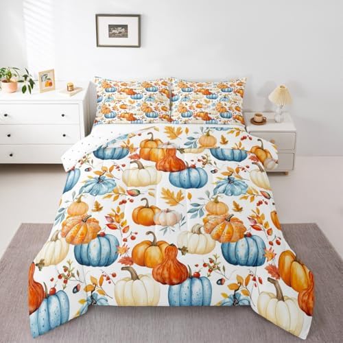 Homewish Harvest Fall Bedding Set Full Size Maple Leaf Pumpkin Comforter Set for Kids Teens Bedroom Decor Vintage Rustic Farmhouse Soft Polyester Quilt Duvet Orange Duvet Insert,2 Pillowcase - Image 6