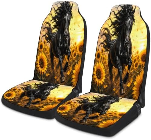 Horse Pattern Car Seat Covers, Trendy Universal Car Seat Protector Full Set, Automotive Seat Covers for Front Seats Rear Seat Back Seat Gift (Horse Sunflower Field Sunset, Full Set)