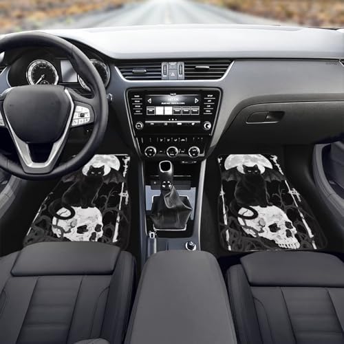Gothic Cat Car Rubber Floor Mat 4PCS Halloween Winged Cat Skull Front and Rear Mats Non-Slip Floor Mats Heel Pad Watercolor Cats Moon Skull Fit for SUV Van Truck Car
