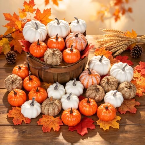 DearHouse 80Pcs Artificial Pumpkins Maple Harvest Fall Decoration, 30Pcs Fall Pumpkins and 50Pcs Maple Leaves for Autumn Thanksgiving Harvest Home Decor by DearHouse