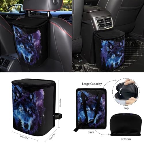 Wolf Galaxy Forest Print Car Seat Covers 15Pcs Full Set Car Steering Wheel Cover Seat Belt Cover Trash Bin Air Vent Storage Box Rear View Mirror Car Cup Holder Keychain