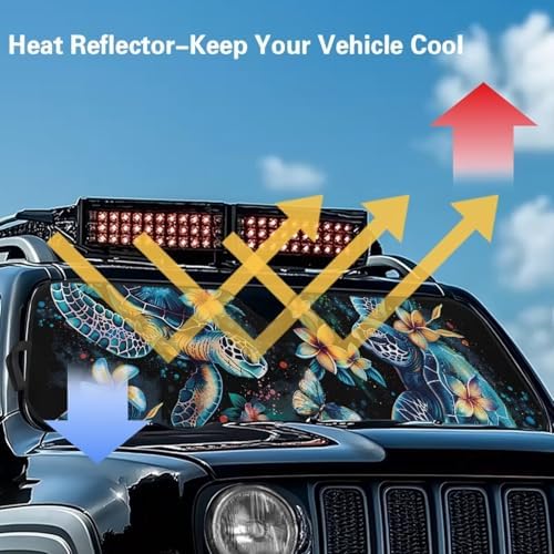 Renewold Boho Sea Turtle Flower Car Windshield Sun Shade Auto Front Window Sunshade Keep Vehicle Cool Sun Visor Shield Fit for Jeep Wrangler JK JKU JL 2/4 Door Jeep Gladiator JT Block UV Heat Sunlight