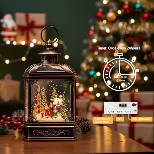 Christmas Snow Globe Lantern Water Glittering Town Home with Carolers, Music & Timer, USB Lined/Battery Operated Lighted Lantern for Christmas Festival Decoration Gifts - Image 3