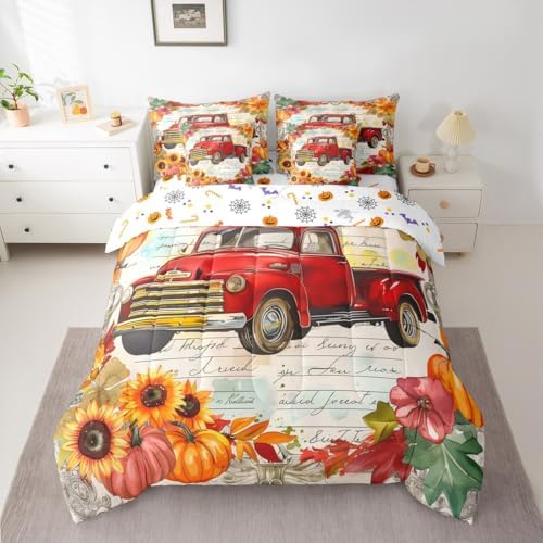 Red Farm Truck Car King Comforter Set - 7 Pieces Thanksgiving Pumpkin Fall Leaves Bedding Sets King Bed in a Bag with Reversible Autumn Harvest Farmhouse Comforter,Sheets,Pillowcases & Shams - Image 3