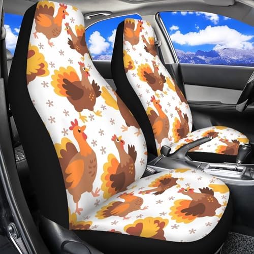 Car Seat Covers Full Set of 2, Thanksgiving Cartoon Turkey Fit SUV Truck Sedan Cute Turkey Chicken Rooster Automotive Vehicle Auto Interior Protector Set, Front Seat Cover