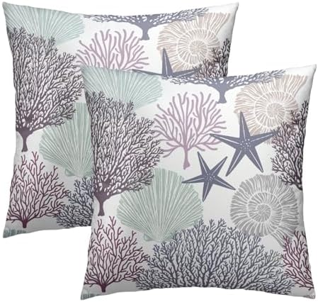 Sweetshow Ocean Coral Pillow Covers 24x24 Inch Nautical Coastal Throw Pillows Set of 2 Beach Seashell Starfish Pillow Case Soft Cotton Square Cushion Covers for Home Couch Sofa Patio Bedroom, Purple by Sweetshow