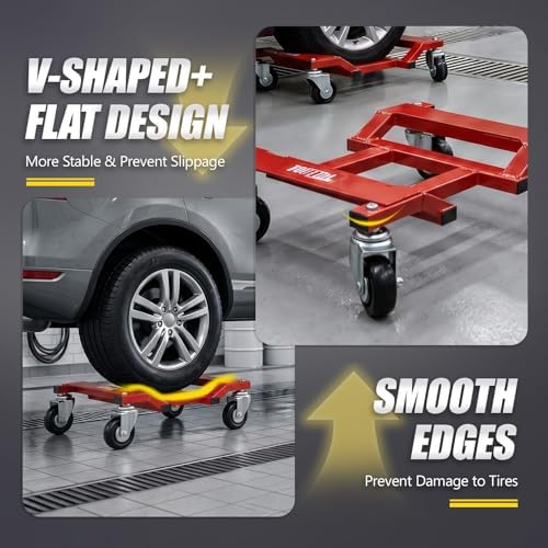 TUFFIOM Car Dolly Set of 4, Wheel Dollies, 6000LBS, Deformation-Resistant Secure V-Groove,Solid Casters Upgraded for Heavy Duty Vehicles Moving & Auto Repair, SUV, Trailers, Red - Image 4