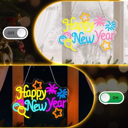 Happy New Year Neon Sign Light USB Powered LED Happy New Year Neon Sign Balloon Fireworks Window Lights for Bedroom Wall Decor 2026 Spring Festival Party Supplies - Image 3