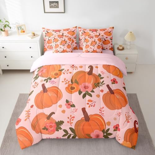 Erosebridal Autumn Pumpkin Queen Comforter Set 7 Piece for Kids Girls Women,Thanksgiving Harvest Fall Bedding Set Cute Floral Botanical Bed in A Bag Rustic Pastoral Sheet Set with Comforter - Image 2