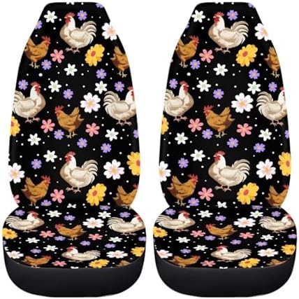 BIGCARJOB Boho Chicken Car Seat Protector - Full Set of 2 Pieces Hippie Daisy Chicken Vehicle Bucket Seat Pad for Women's Auto Interior