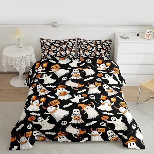 Happy Halloween Comforter Set Spooky Witch Hat Ghost Comforter King Size Gothic Pumpkin Bats Bedding Set for Kids Adult Bedroom Decor Fashion Black Quilt Duvet,3 Pcs with 2 Pillowcase by Homewish