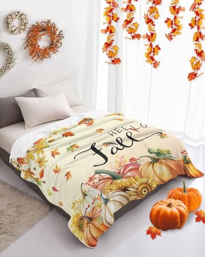 DecorLovee Orange Hello Fall Blanket 60"x80", Reversible Thanksgiving Pumpkins Throw Blanket for Couch/Bed/Camping, Maple Leaf Lightweight Soft Throw Blankets for Men, Warm Fuzzy Blankets for Winter - Image 4