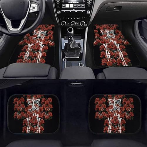 Black Red Rose White Skeleton Print Funny Halloween Car Floor Mats 4 PCS, Cute Durable Interior Accessories for Car SUV, All Weather Floor Mats with Front Rear Trunk Liners Set for Party