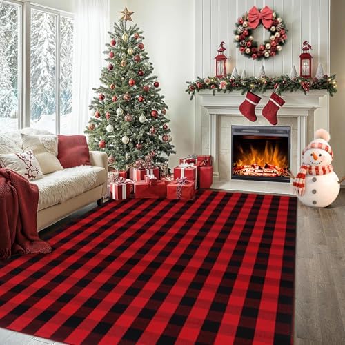 Christmas Red and Black Plaid Rug 8x10 ft, Extra Large Cotton Hand-Woven Buffalo Check Area Rug for Living Room, Bedroom, Patio, Christmas Holiday Farmhouse Decor, Washable Outdoor Indoor Carpet by Homydecor