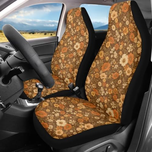 Talayituse Vintage Brown Floral Print Car Seat Cover for Front Seats, Stretchy Soft Vehicles Seat Cover Universal Fit High Back Car Interior Accessories for SUV Van Sedan