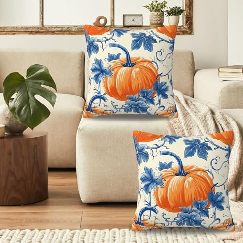 KiuLoam Blue and Orange Fall Pillow Covers 24x24 Inch Set of 2, Fall Decor Pumpkin Leaf Autumn Print Decorative Throw Pillows, Rustic Farmhouse Style Cushion Covers for Sofa Couch Bed Home Decor - Image 4