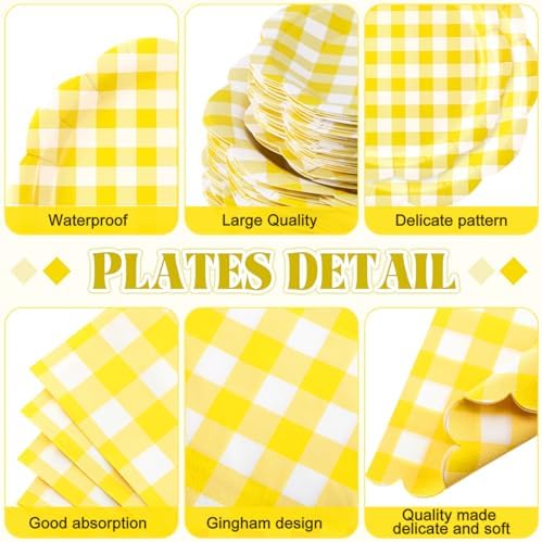 Funnymoom 452 Pcs Yellow Gingham Party Supplies for 50, Yellow and White Gingham Checkered Paper Plates Napkins Cups Tablecloth Cutlery Straws for Birthday Family Picnic Barbecue Party Decoration - Image 2