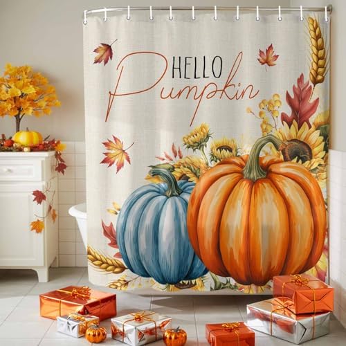 Fall Shower Curtain Autumn Hello Pumpkin Bathroom Curtains with Hooks, Waterproof Polyester Fabric Harvest Thanksgiving Maple Leaves Sunflower Shower Curtains Set for Bathroom Bathtubs Decor 54"x78" - Image 5