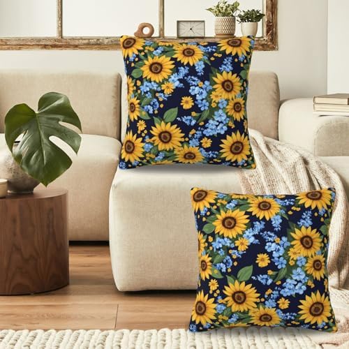 KiuLoam Navy and Yellow Floral Pillow Covers 18x18 Set of 2, Sunflower with Blue Small Flowers Print Decorative Throw Pillow Cases, Vintage Farmhouse Style Outdoor Cushion Covers for Sofa Couch - Image 4
