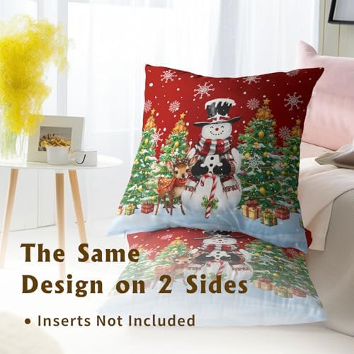 Xmas Tree Winter Snowman Red Throw Pillow Covers 12X12 Inches Set of 2 Xmas Snowflake Pillowcase Soft Cotton Square Seasonal Cushion Covers for Living Room Sofa Bedroom Decor - Image 5