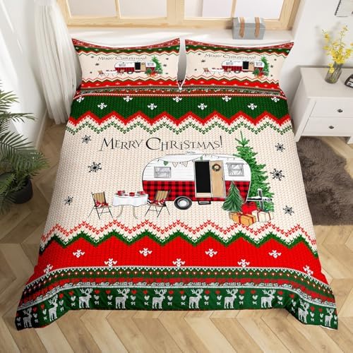 Merry Christmas Kids Duvet Cover Set Twin Size,Happy Camping Camper Rustic Bedding Set,Girls Boys Adults Room Decor,Christmas Deer Snowflake Comforter Cover,Colorful Xmas Quilt Cover,1 Pillowcase - Image 4