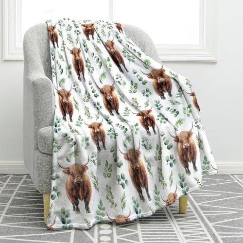 Jekeno Highland Cow Gifts Blanket for Women Girls Mom Friends Birthday Valentines Christmas Watercolor Animal Plant Leaves Print Presents Decor Farmhouse Home Sofa Couch Kids Adults Soft Throw 50"x60" by Jekeno