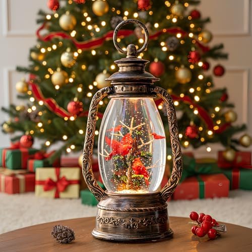 Christmas Snow Globe Lantern Water Glittering 12'' Cardinal with Music, USB Lined/Battery Operated Lighted Lantern for Christmas Festival Decoration Gifts by Qualdout