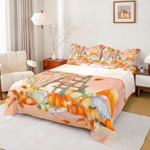 Happy Fall Gnomes Bedding,Thanksgiving Pumpkin Bed Sheets Queen Fall Home Room Decor,Autumn Natural Harvest Season Fitted Sheet + Flat Sheet + 2 Pillow Cases,Rustic Maple Leaf Sunflower Sheet Set by Erosebridal