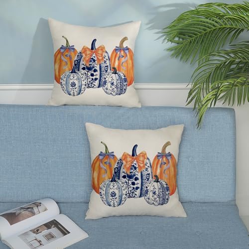 Fall Chinoiserie Pillow Covers 18x18 Set of 2 Blue and Orange Pumpkin Throw Pillows Grandmillennial Autumn Thanksgiving Decoration Pillow Cases Outdoor Fall Decor Cushion Case for Sofa Home - Image 4