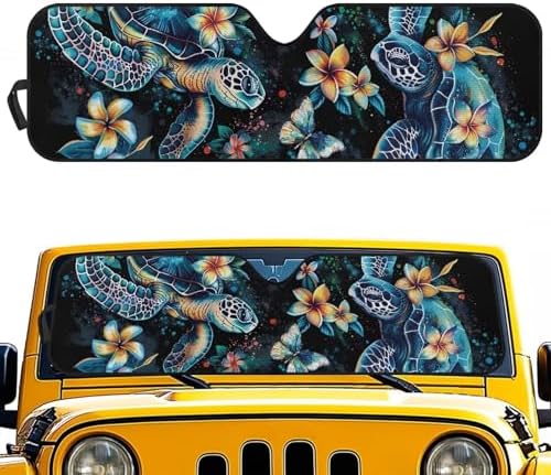 Renewold Boho Sea Turtle Flower Car Windshield Sun Shade Auto Front Window Sunshade Keep Vehicle Cool Sun Visor Shield Fit for Jeep Wrangler JK JKU JL 2/4 Door Jeep Gladiator JT Block UV Heat Sunlight