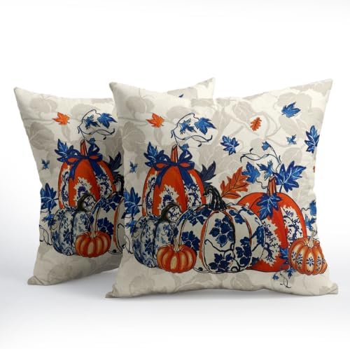 Fall Chinoiserie Pumpkin Throw Pillow Covers 18x18 Set of 2 Autumn Maple Leaves Blue Orange Porcelain Thanksgiving Pillow Covers Grandmillennial for Kitchen Sofa Cushion Outdoor Bedroom Decoration - Image 3