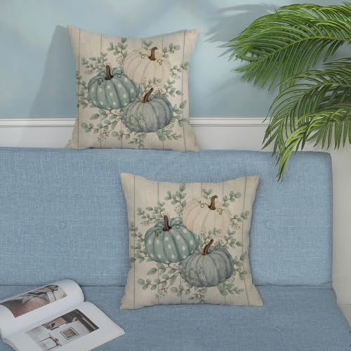 Fall Pillow Covers 18x18 Set of 2 Teal Blue Pumpkin Pillow Cases White Polka Outdoor Autumn Harvest Decoration Wood Plank Throw Pillows Linen Thanksgiving Cushion Case for Couch Sofa Home Decor - Image 4